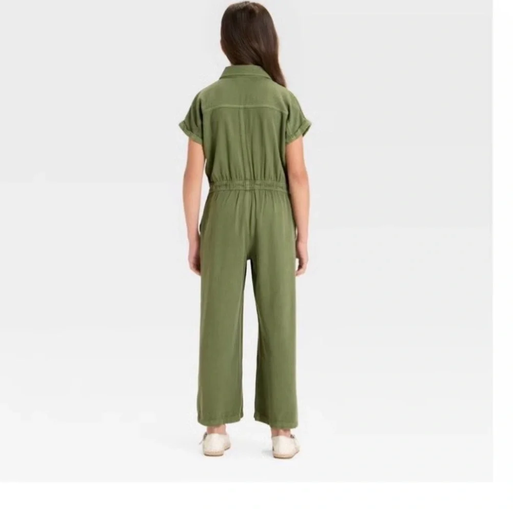 NWT Cat & Jack Girls Short Sleeve Jumpsuit- Dark Olive (M) - Picture 2 of 9